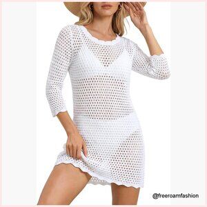 Plus Size Crochet Cover Up 3/4 Sleeve Recycled Material Beach Dress